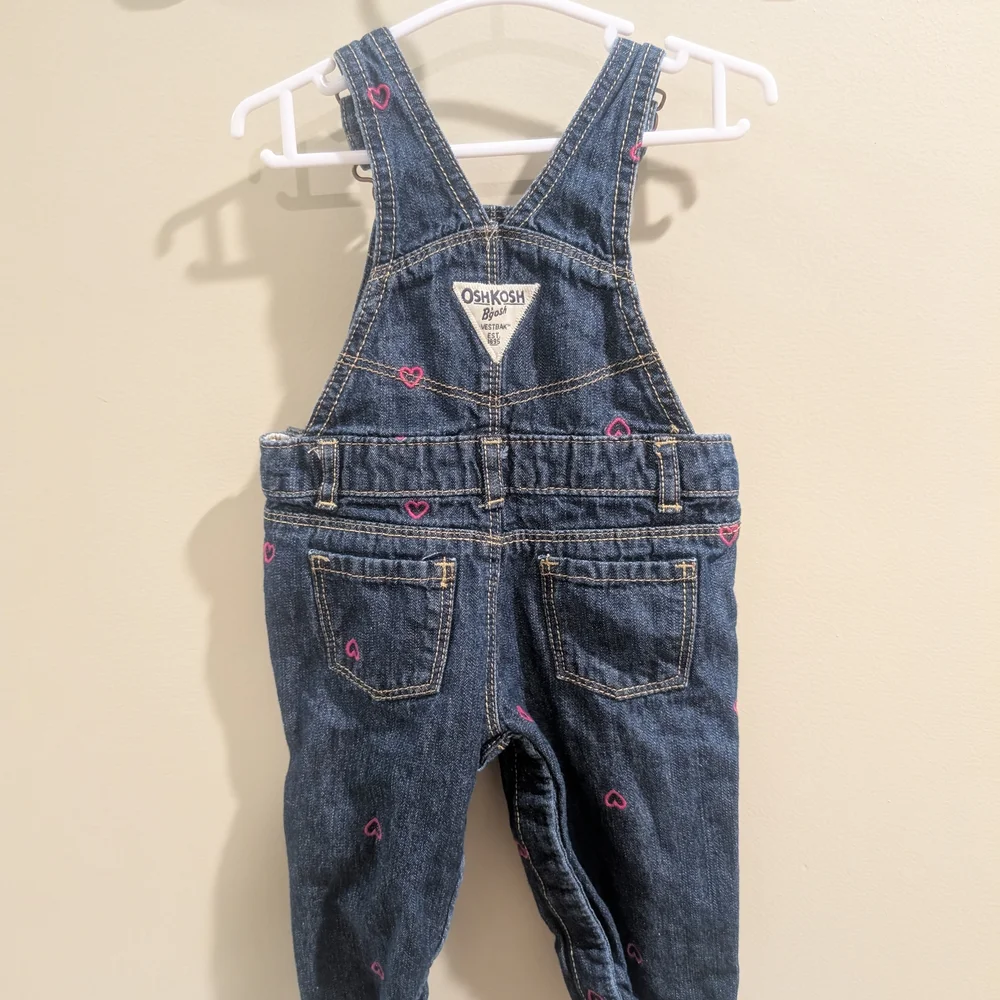 OshKosh B'gosh Blue Denim Overalls with Embroidered Pink Hearts